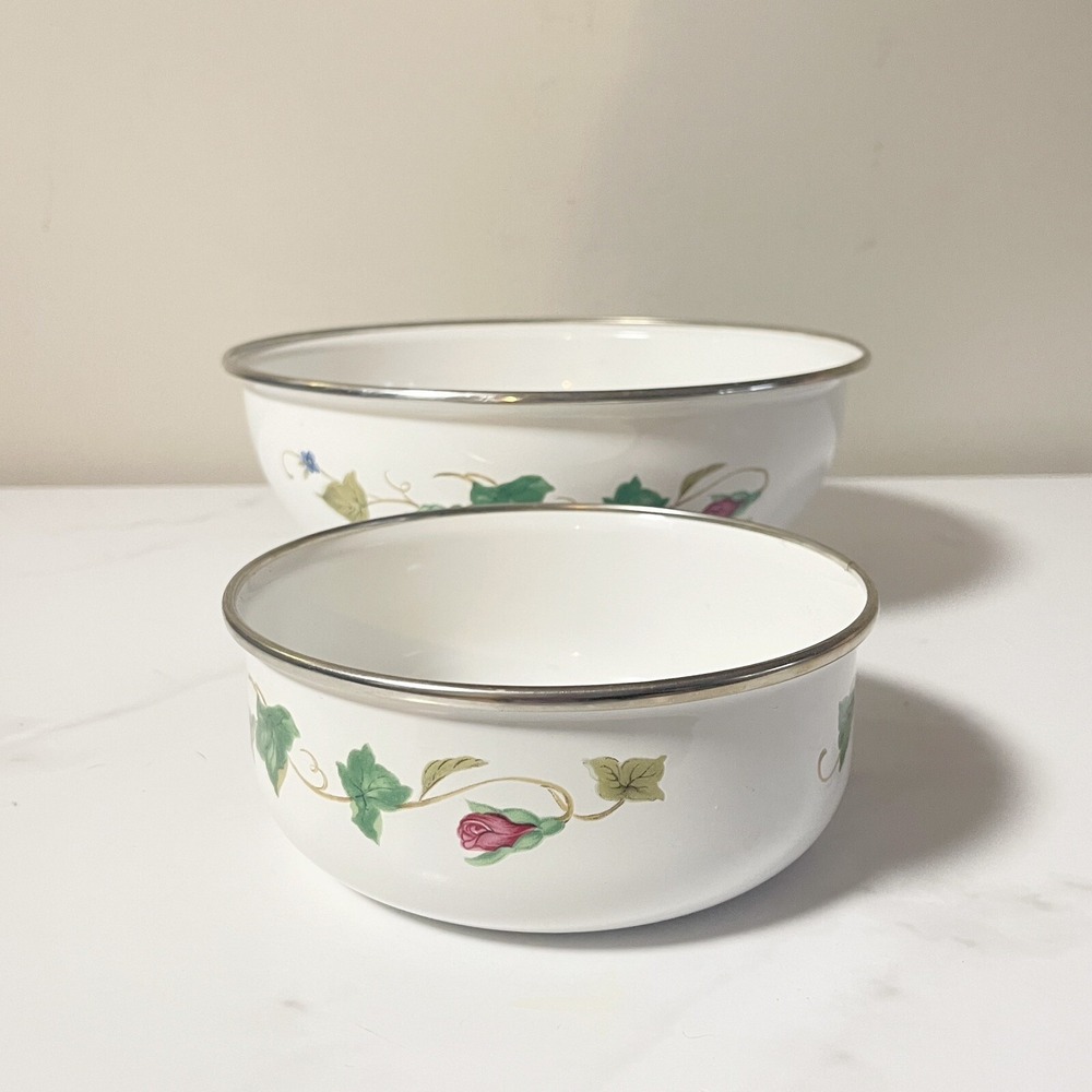Vintage LENOX Rose Manor Green Ivy White Metal Enamelware 6" 10" Mixing Bowl Set